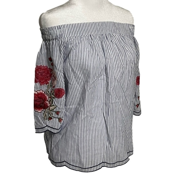Umgee Striped Off the Shoulder Embroidered Sleeve Top (Sz S) - Picture 1 of 8